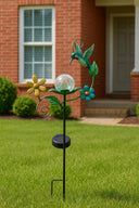 Solar Garden Stake with Hummingbird, Glass Globe and Metal Flowers, Decorative Yard Art