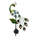 Solar Powered Peacock Garden Stake with LED Light, Metal Yard Art Decoration, Green and Blue Glass Flowers