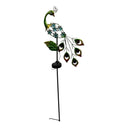 Solar Powered Peacock Garden Stake with LED Light, Metal Yard Art Decoration, Green and Blue Glass Flowers