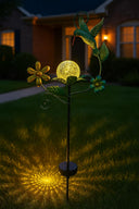 Solar Garden Stake with Hummingbird, Glass Globe and Metal Flowers, Decorative Yard Art