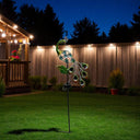 Solar Powered Peacock Garden Stake with LED Light, Metal Yard Art Decoration, Green and Blue Glass Flowers