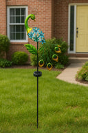 Solar Powered Peacock Garden Stake with LED Light, Metal Yard Art Decoration, Green and Blue Glass Flowers