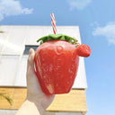Turtle King Strawberry Shaped Tumbler with Straw – Cute Reusable Plastic Cup for Smoothies, Iced Drinks, and Summer Parties